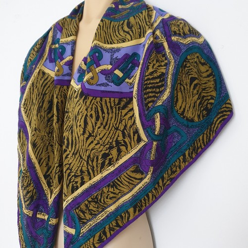 Splendida sciarpa seta vintage stampa animalier astratta viola oro verde giallo nero - Foto 4 di 5