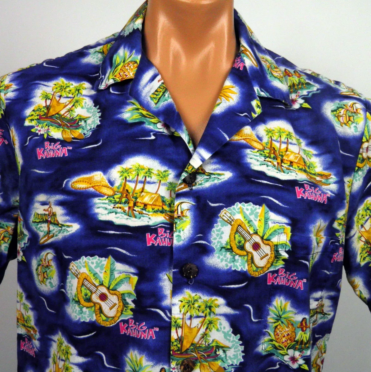 Hilo Hattie Hawaiian Aloha Shirt Blue Big Kahuna Surfing Hula Ukulele Men's L