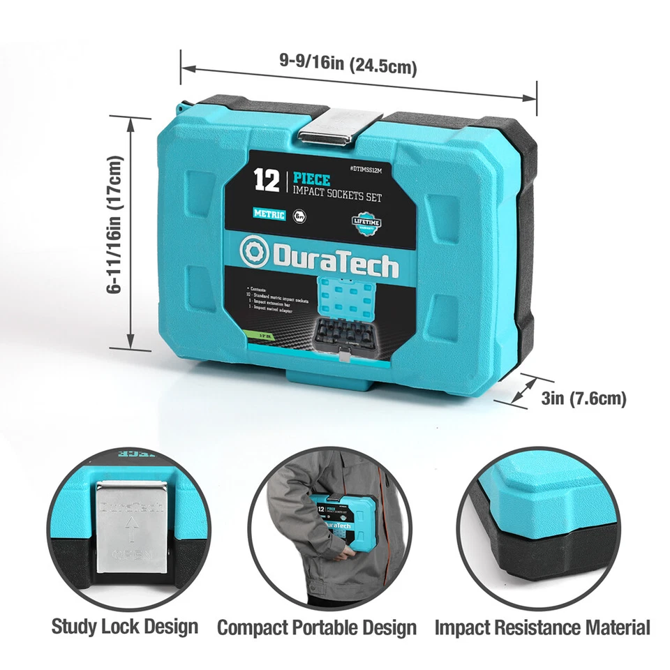 DURATECH 12PCS 1/2''Drive Impact Socket Set Metric Sockets Adapter Extension Bar - Image 3 of 4