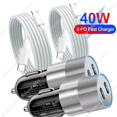 PD 40W Dual USB-C Fast Car Charger Type C Cable For iPhone 16 15 Pro Max Plus