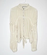 Alexis Boho Ruched Blouse Long Sleeve High Neck Front Zip Women Cream Size Large