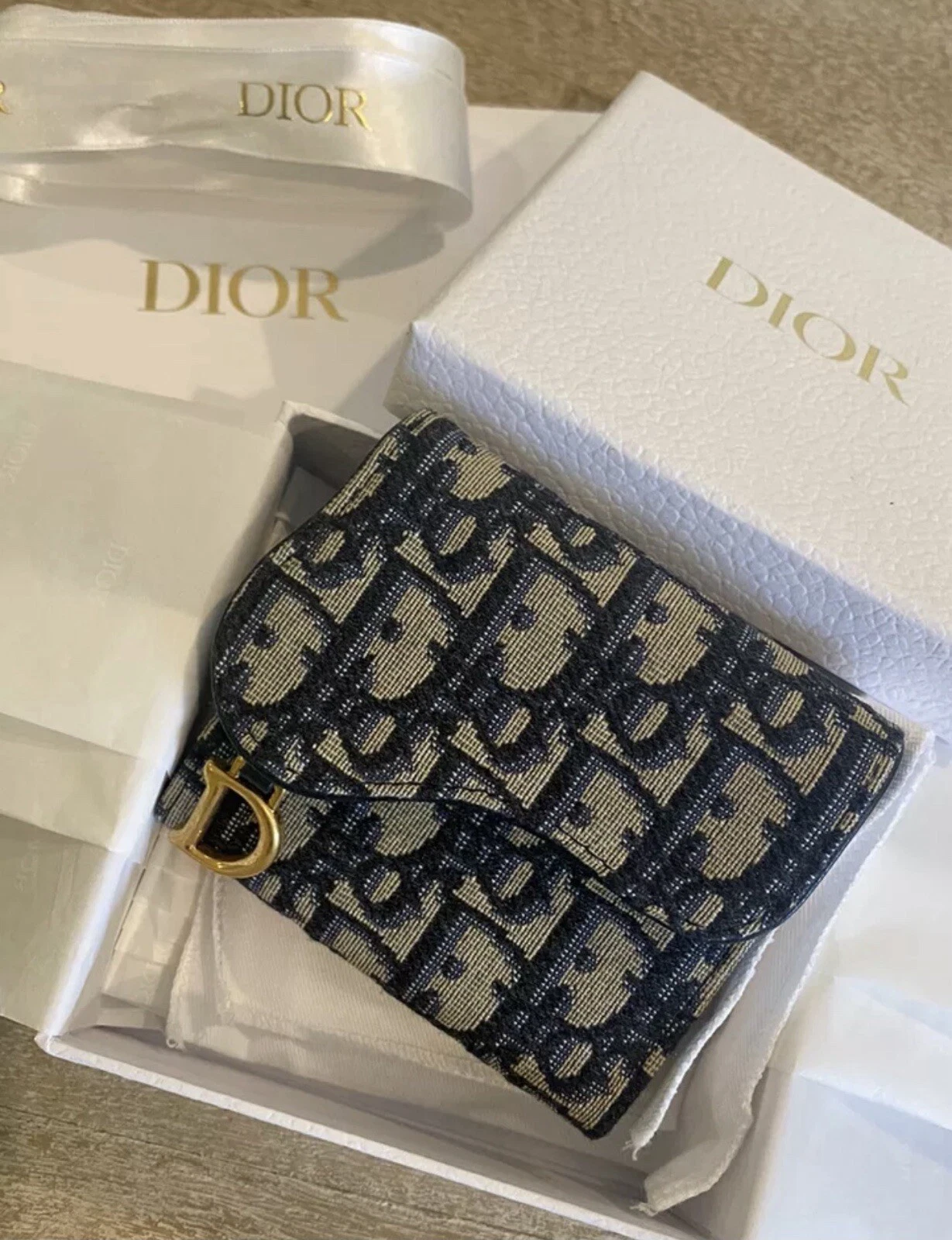 Authentique portefeuille court compact Christian Dior bleu selle lotus NEUF