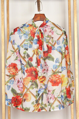 Weiß Rose Sheer Blouse Blumenmuster floral print blouse pussy-bow Dolce S