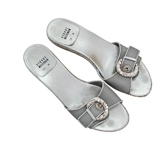 Stuart Weitzman Genuine leather Silver Cork Platform Slide Sandals Rhinestone 10 - Image 2 of 4
