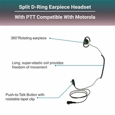 Split D-Ring Long PTT Earpiece for Motorola Radio RDM2070D RMU2080 CP200 Mag One