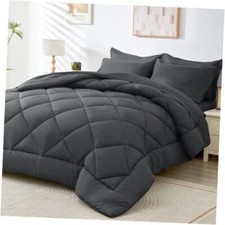 7 Pieces Comforter Set, All Season Reversible Bed in a Bag Queen Dark Gray