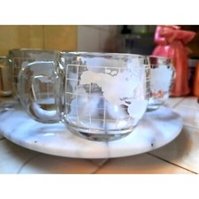 Vintage Nestle Nescafe Atlas Globe Clear Glass Mug 4pc Set Advertising Mug 1980s