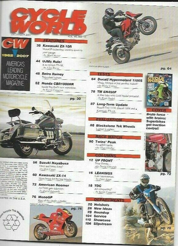 Cycle World Magazine December 2007- Kawasaki ZX-14, Honda