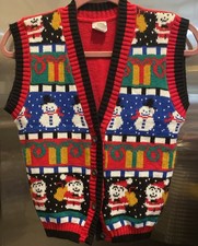 AVON 1980s Vintage Ugly Christmas Sweater Vest with Santa And Snowmen.