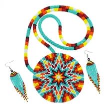 Sea Green Multi color Sunburst Beaded Pendant Necklace & Earrings Set