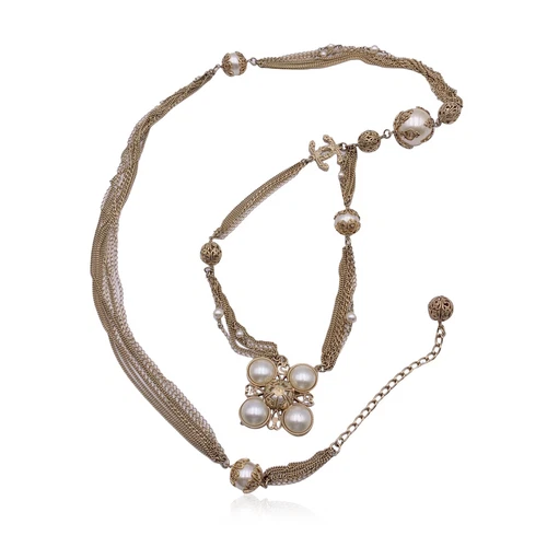 Chanel 06 Rare Perle Finte Collana Multi Catena o Cintura in Metallo Dorato