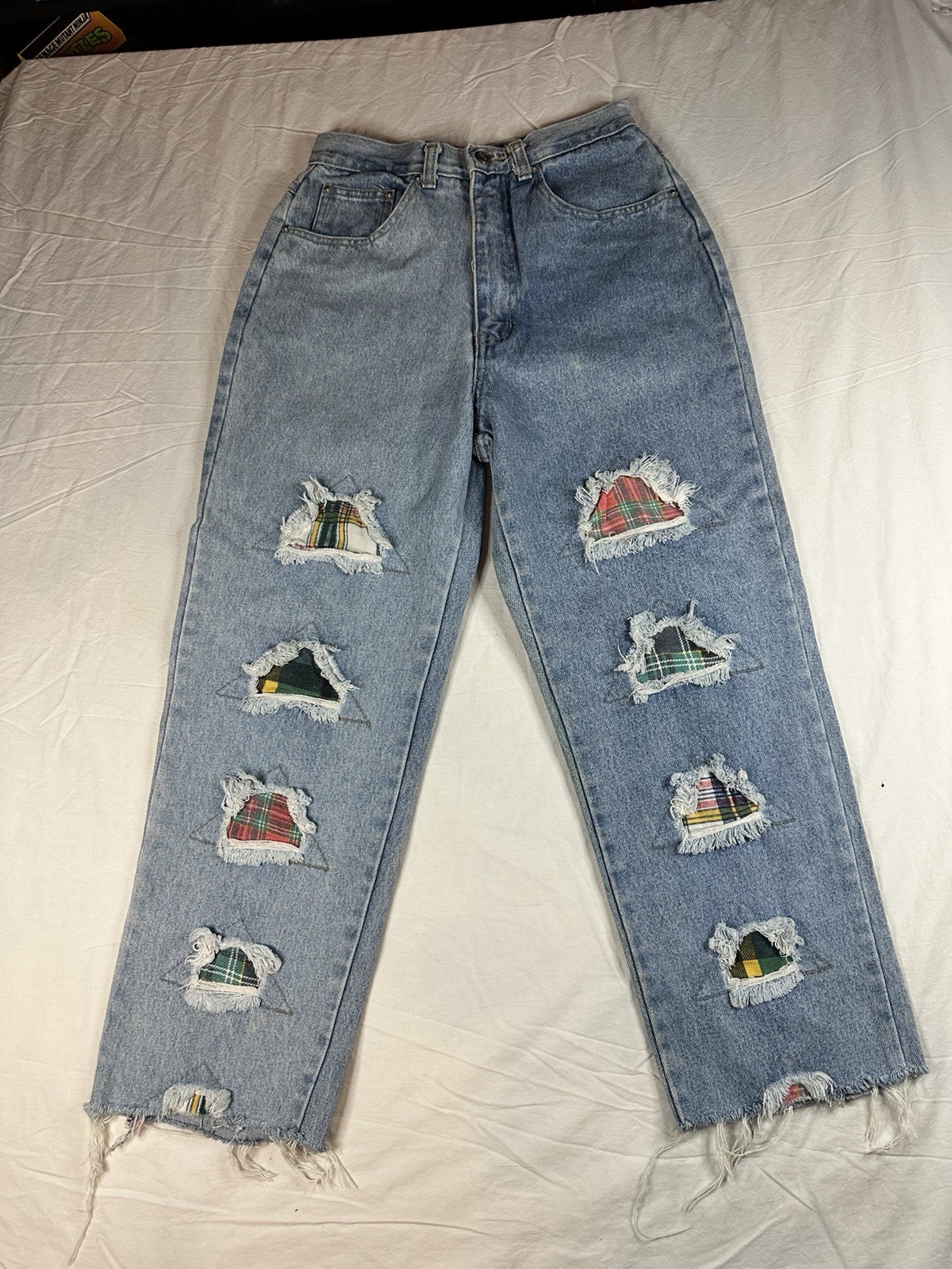VNT 90s One World Plaid Patchwork Distressed Jean… - image 1