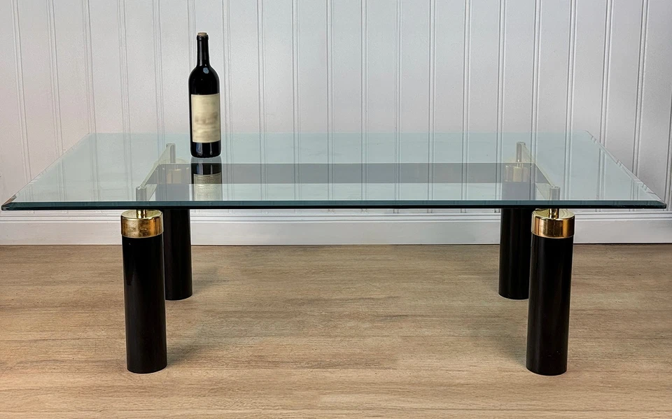 Vintage Art Deco Column Black Lucite & Brass Rectangular Coffee Table - Image 2 of 4