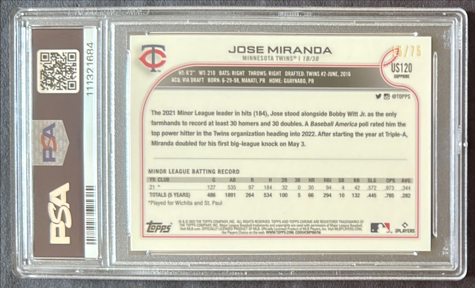 2022 Topps Chrome Update Sapphire Jose Miranda Green RC 15/75 PSA 9 Twins #120 view 3