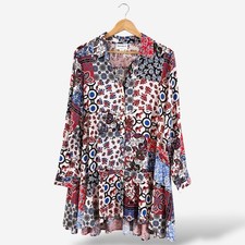For The Republic Patchwork Floral Shirt Dress Size 1X Red Blue Button Front