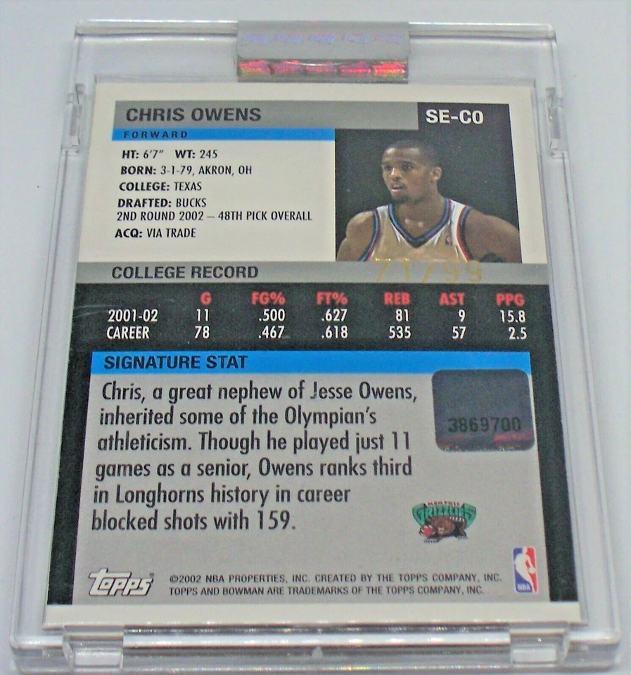 2002 Chris Owens Bowman Signatures Rookie Auto Silver Encased card #SE-CO 71/99 - Image 2 of 2