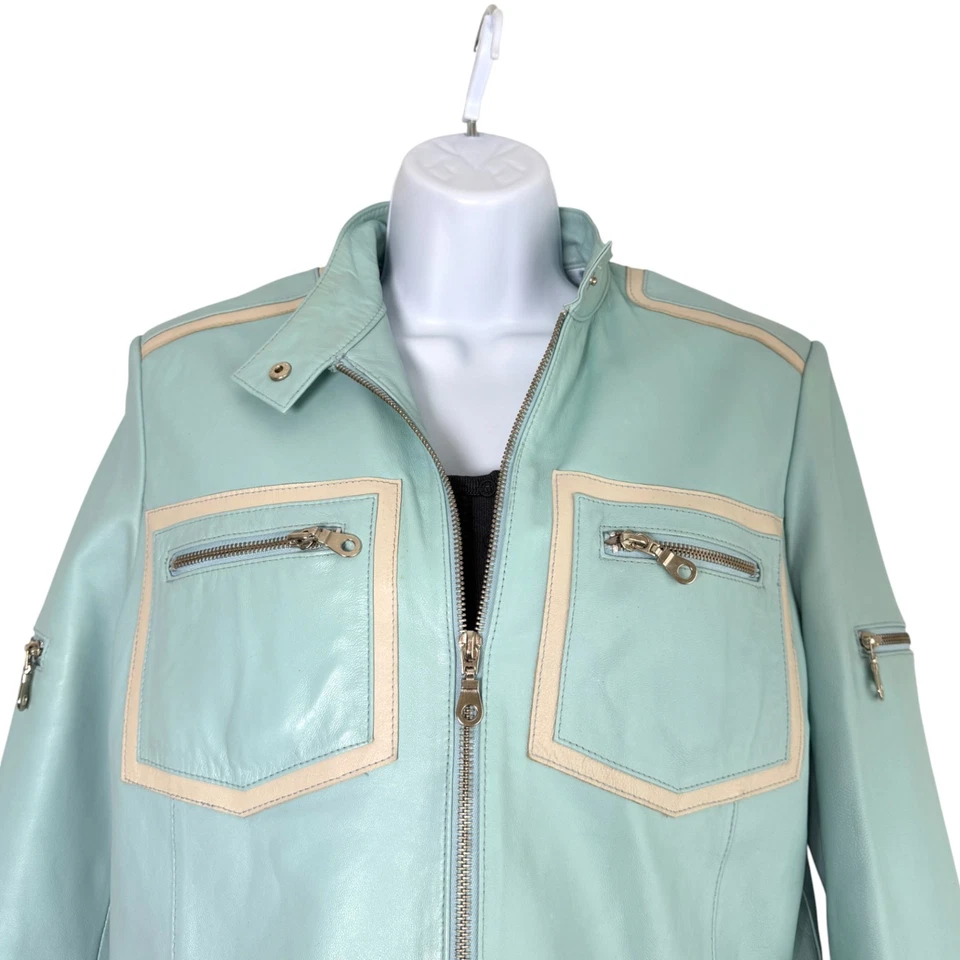 Chaqueta de Cuero Pamela McCoy Moto Racing Estilo Azul Claro Talla S Y2K Edgy Retro Foto 2 de 4
