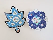 Enamel metal folk art wall hanging leaf trinket tray cobalt blue birds handpaint
