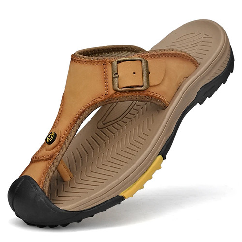 Sandales en cuir véritable pour hommes respirantes extérieures antidérapantes sandales de plage chaussures - Photo 19/19