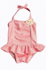 Janie and Jack Girls Pink White Stripe One Piece Swimsuit 18-24M Flower Detail