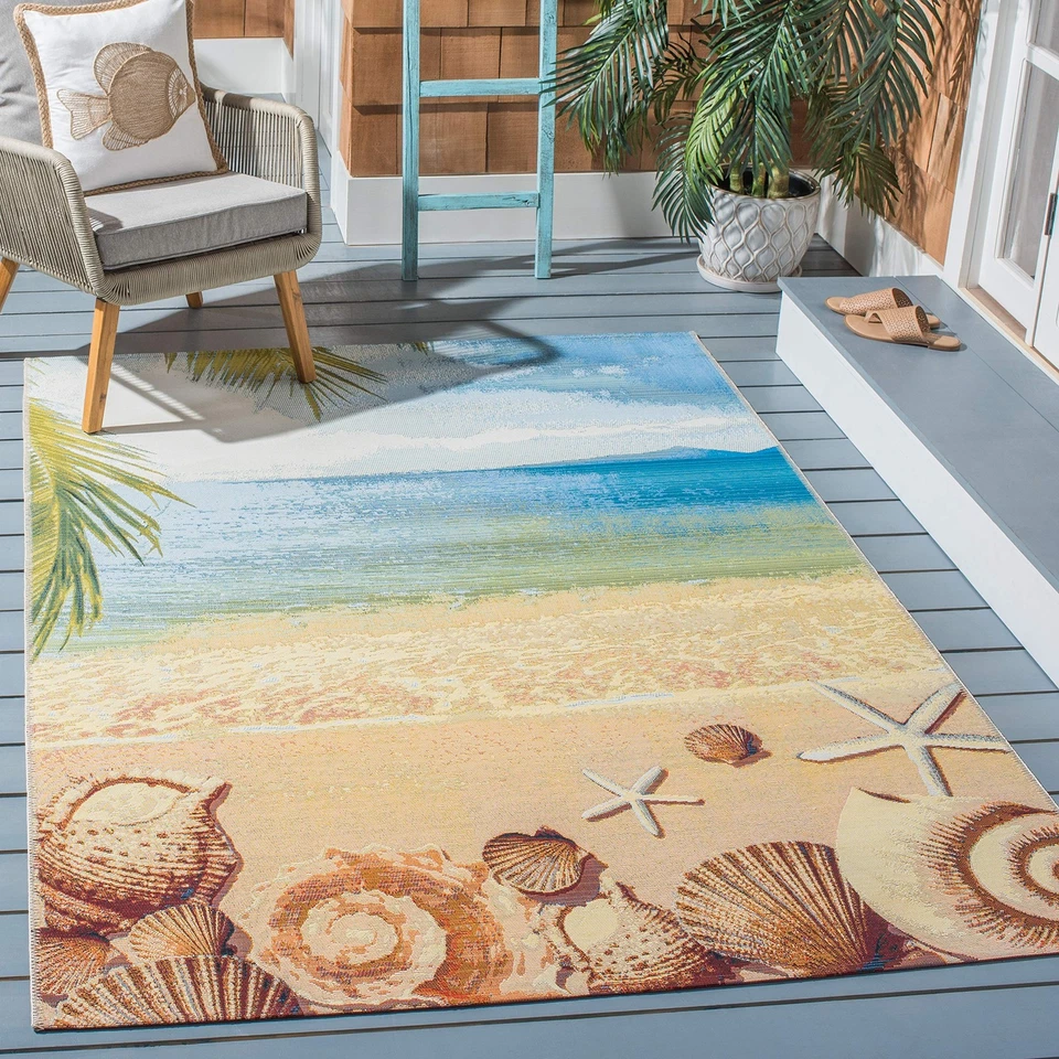 Barbados Collection Area Rug - 8' x 10'5", Gold & Blue, Tropical Beach Seashe... - Image 2 of 4