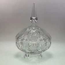 EAPG Cut Pattern Footed Oval Covered Candy Dish w/ Tall Finial Hobstar