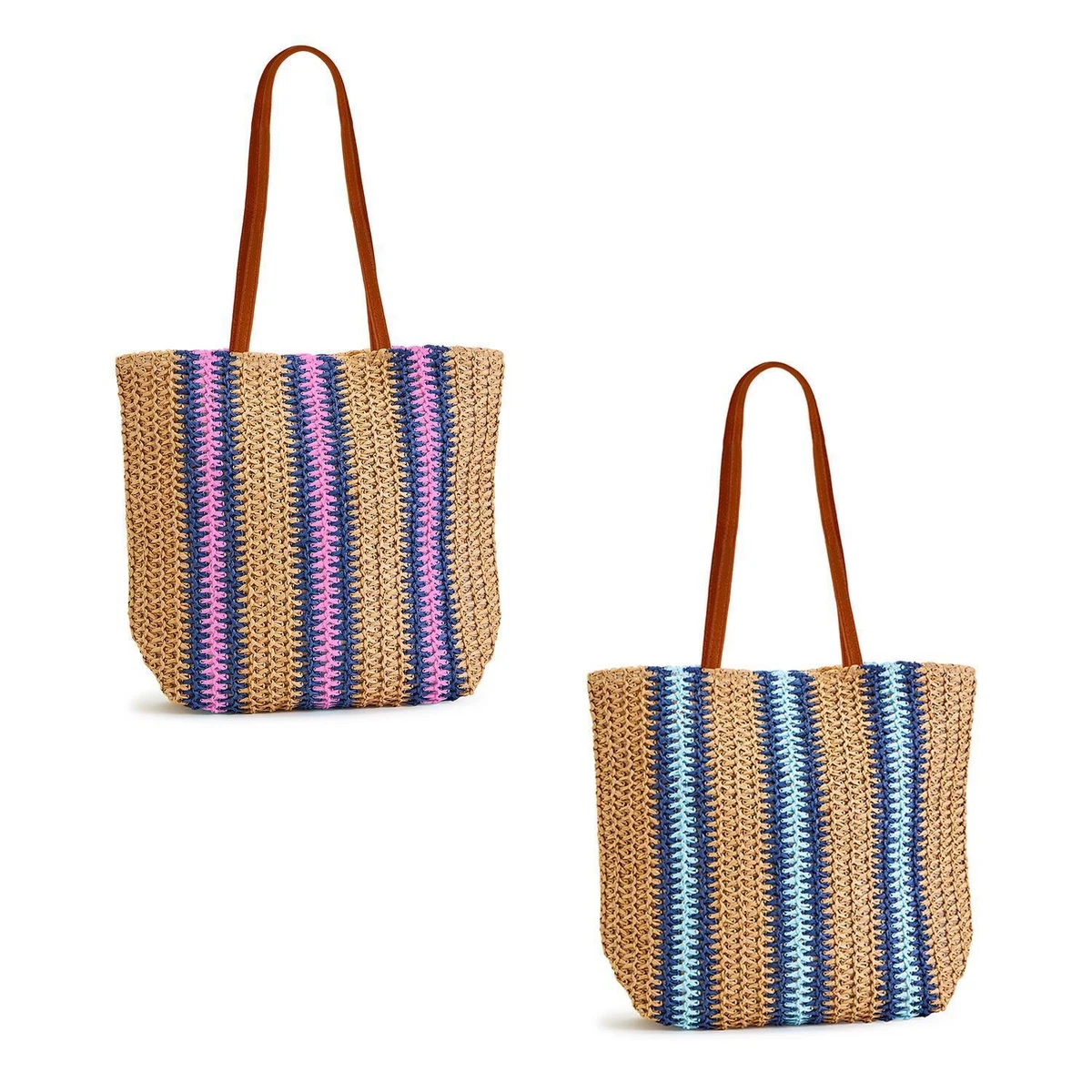 Two s Company Set of 2 Straw Striped Tote Bag Assortment of 2 Colors
