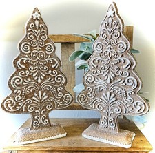 New 2 Gingerbread Lace Swirls Frosted Glitter Slim Christmas Tree Set 9.5  