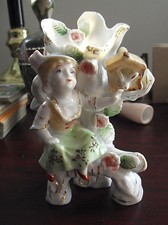 Antique Porcelain Figural Vase Girl with Birdhouse 5" Tall