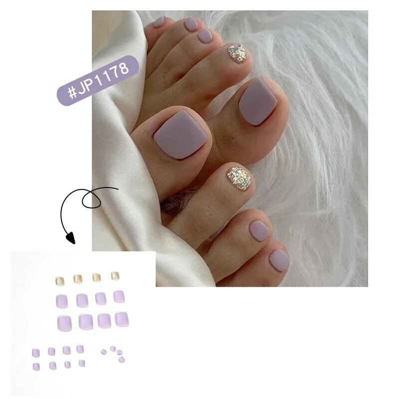 Fake Toe Nails with Glue Artificial Summer Purple Glitter Press On Toenails Tips