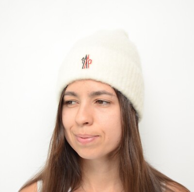 Women's Moncler Grenoble Knit Beanie Hat Ivory Alpaca Wool