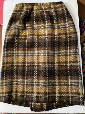 Vintage Sportempos Skirt Brown Yellow Plaid Pencil WOOL Tweed Small Blue 