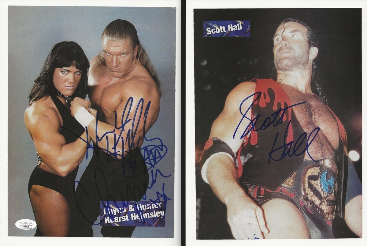 Chyna & Triple H & Scott Hall hand SIGNED Mag pinup Photo JSA COA