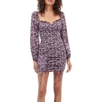 Astr The Label Mardi Mini Purple Floral Ruched Dress L Astr The Label Mardi Mini Purple Floral Ruched Dress L