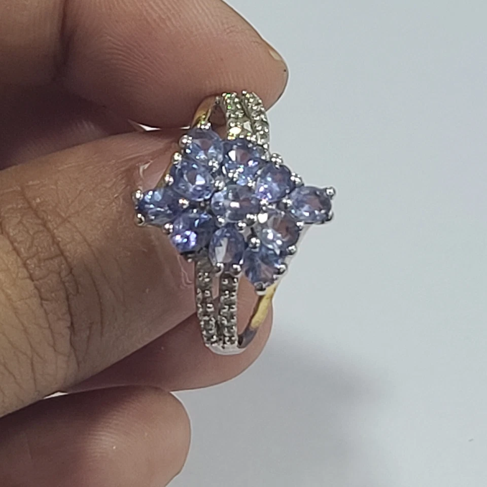 Joias usadas anel aglomerado HSN dois tons roxo esterlina tanzanita e CZ - Imagem 2 de 4