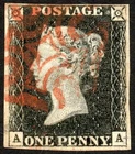 SG2 1840 1d black, plate 4, AA, 4 margins, faint corner bend, red Maltese Cross