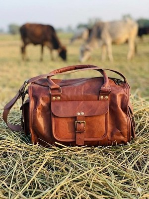Goat Leather Brown Gym Duffle Travel Campus  Bag Bags Vintage 13''