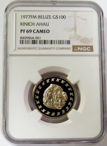 1977 FM GOLD BELIZE $100 MAYAN SUN GOD KINICH AHAU PROOF NGC PF 69 CAMEO