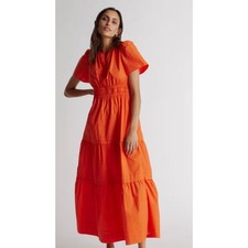Quince 100% Cotton Luxury Summer Maxi Tiered Coral Dress Sz L  #71