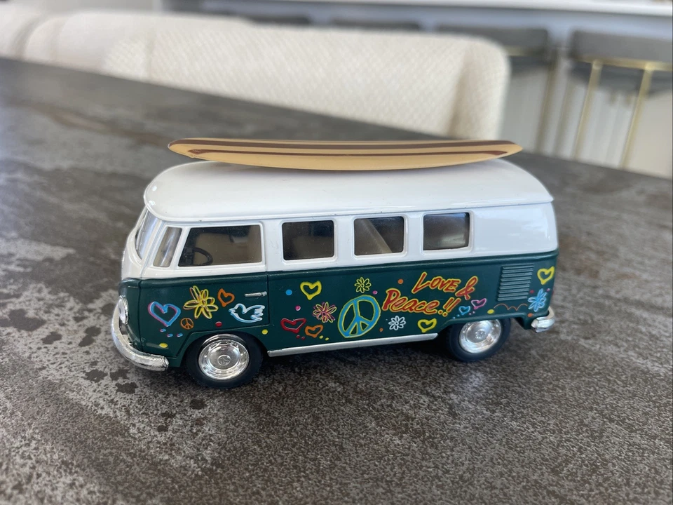 5" Kinsmart 1962 Volkswagen Bus w/Decal 1:32 Diecast Love Peace Green Pull & Go - Image 3 of 4