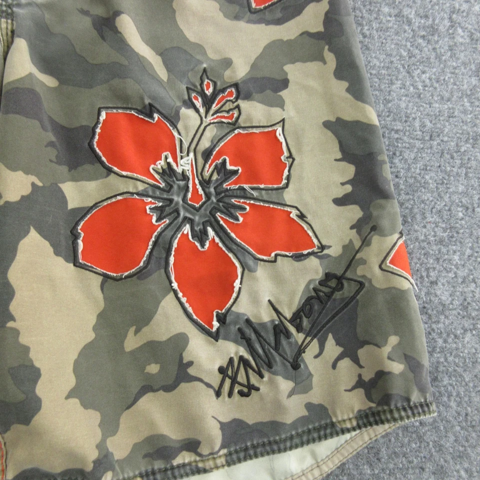Billabong Board Shorts Para Hombres 34 Verde Camuflaje Naranja Hibisco Bordado Baúles y2k Foto 2 de 4