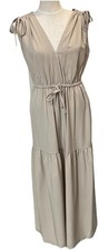 Calvin Klein Women’s Midi Dress Beige V-Neck Tie Waist Pockets Flowy Size 4 NWT