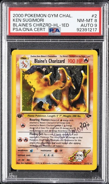 2000 POKEMON GYM CHALLENGE HOLO-1ST EDITION #2 BLAINE'S CHARIZARD PSA 8 AUTO 9