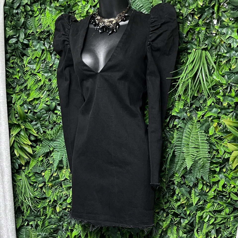 ZARA TRAFALUC Dress Women Small Black Denim Puff Sleeve Fringe Hem Jeans 2620 - Image 2 of 4