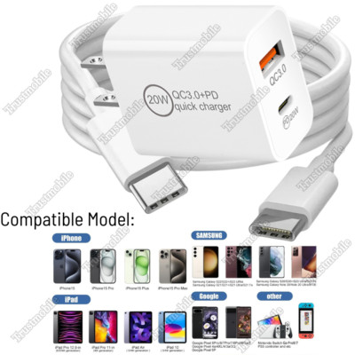 PD 20W USB C Power AdapterType C Fast Charger Cable For iPhone 15 16 Pro Samsung