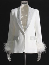 Beautiful White Feather Cuff Crystal Bejeweled Blazer Jacket Size S