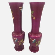 2 Vtg Pink Wooden Vases Pair MCM Style Magenta Floral Painted Wood Turned Mexico