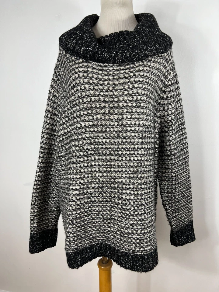 Suéter Coldwater Creek 1X preto branco gola capuz longo lã acrílica feminino J3 - Imagem 2 de 4