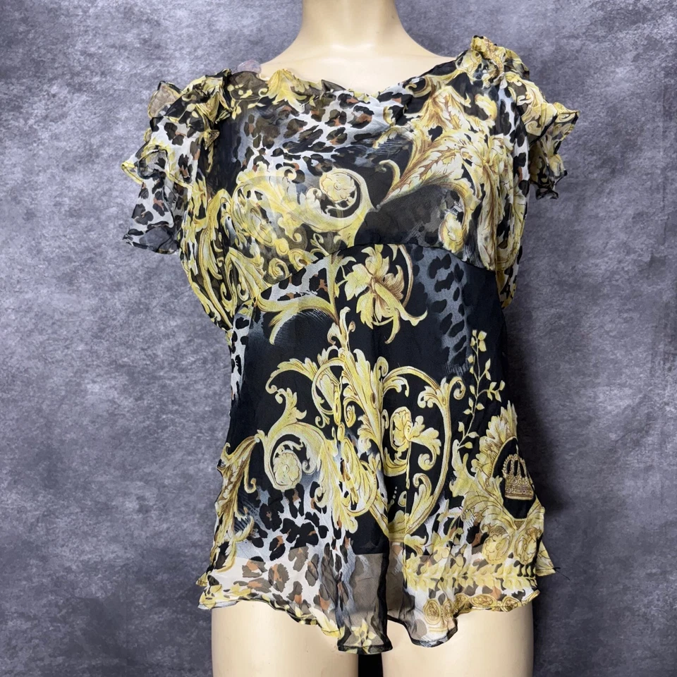 Top Babydoll Y2K ECI 100 % seda para mujer XL negro dorado estampado de pergamino manga aleteada Foto 2 de 4