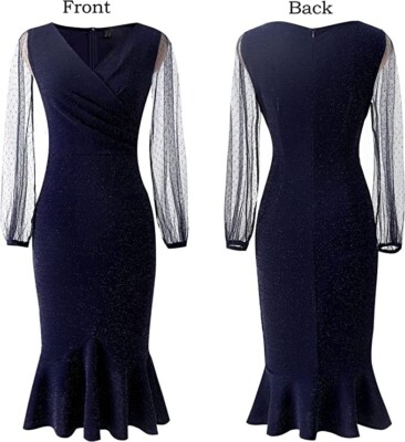 navy mermaid midi dress Mermaid Midi with Off-The-Shoulder Neckline Navy Blue / US 4